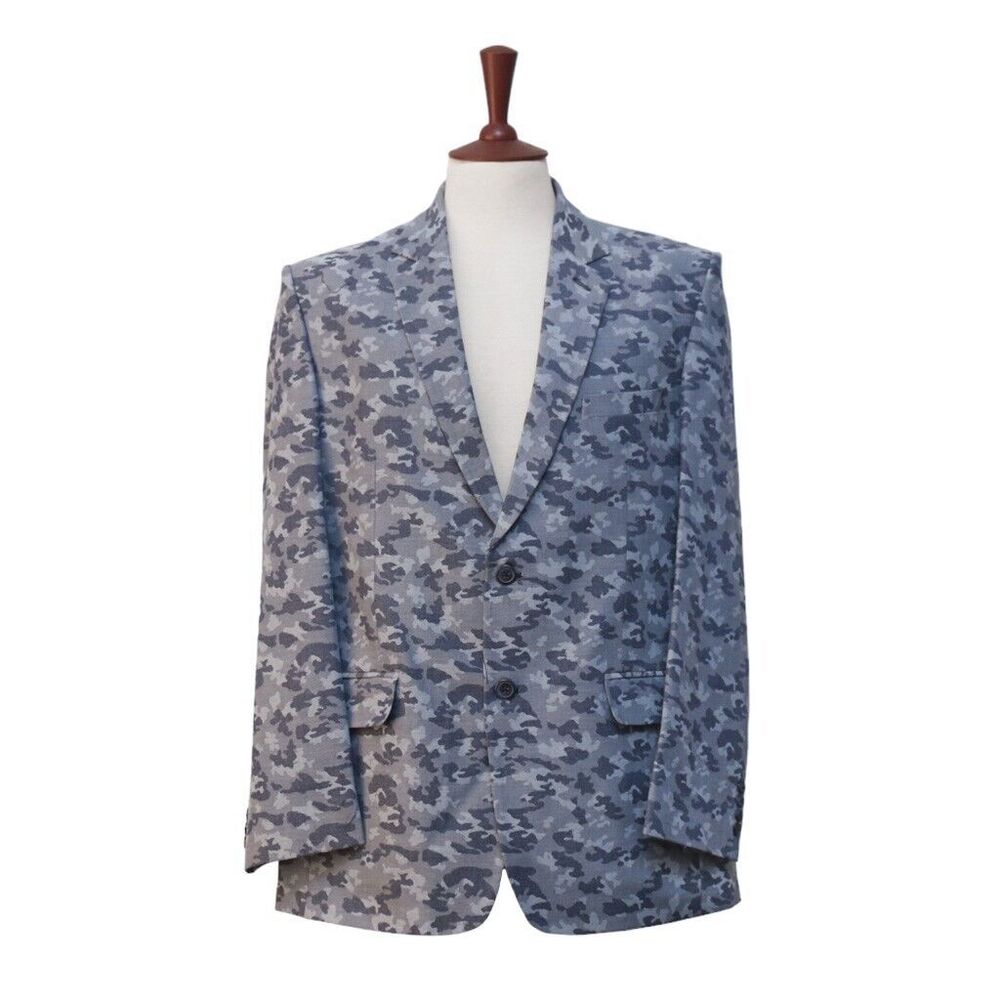 Mens Blazer Blue Gray Camouflage Camo Cotton Dress Formal Jacket Sport Coat 44R